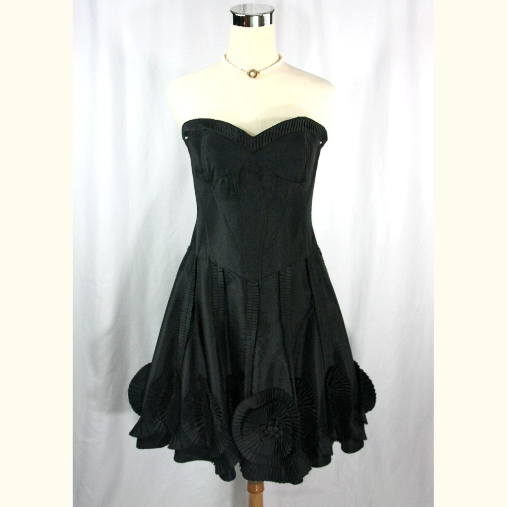 Jans Boutique Black Taffeta Full Flare Strapless Formal Dress w Floral Pleats 6
